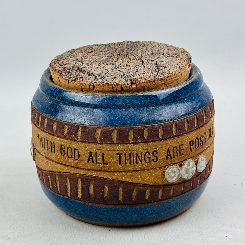 Down to Earth Pottery Blue Brown Jar Cork Lid With God All Things Are Possible